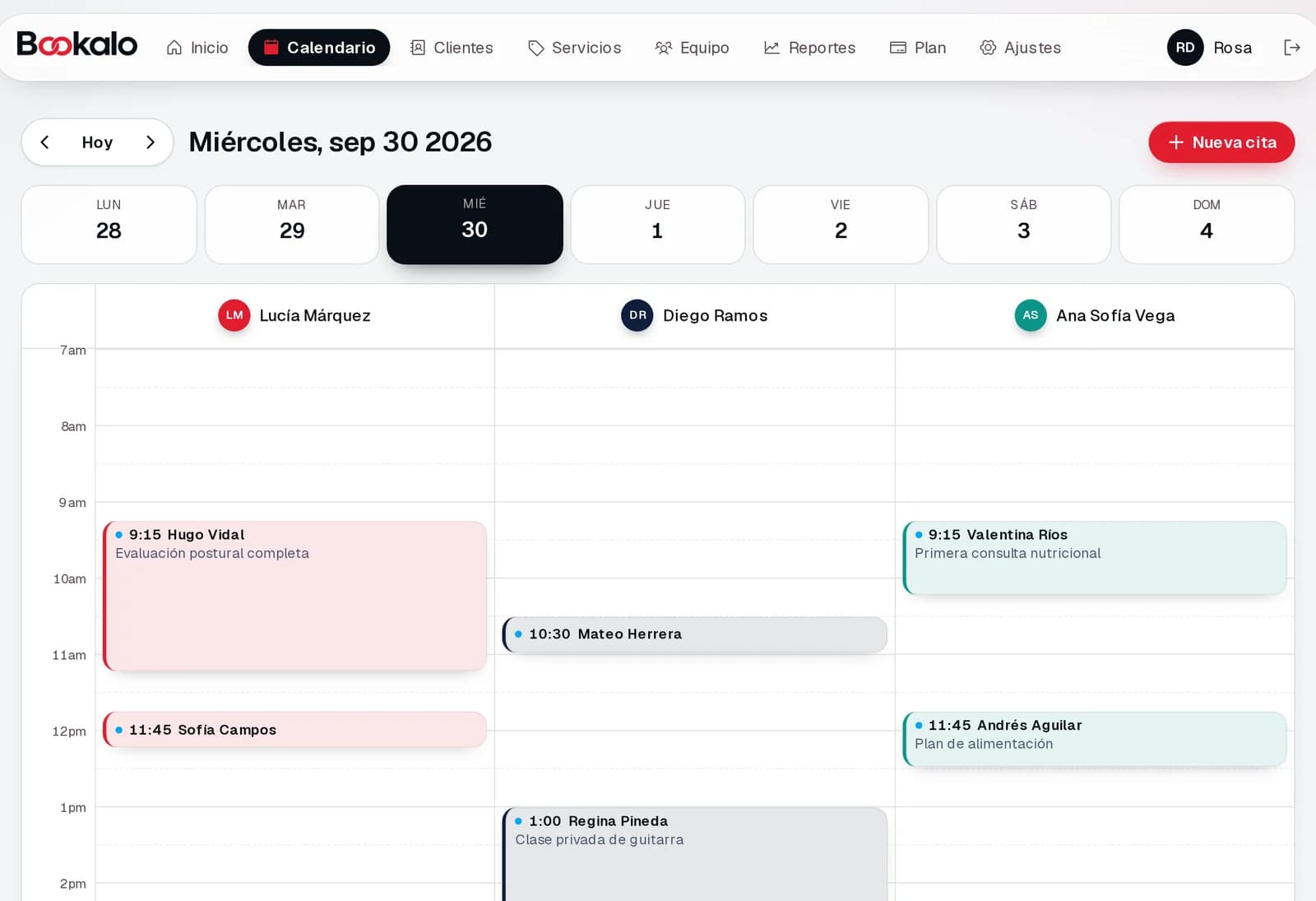 Calendario de Bookalo con citas por integrante
