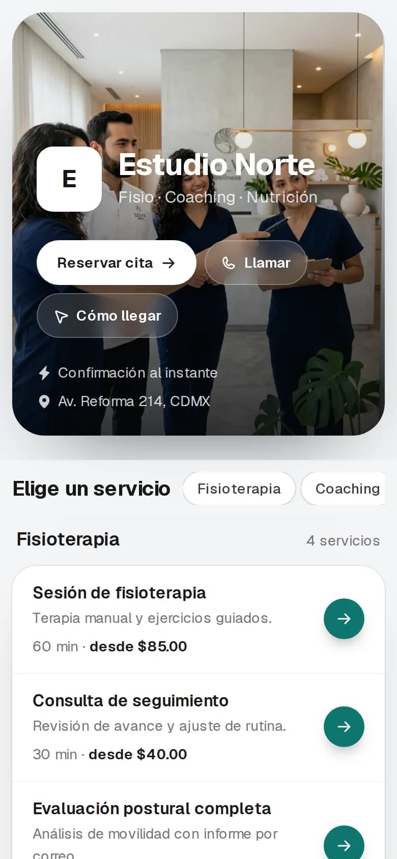 Página pública de reservas en el celular