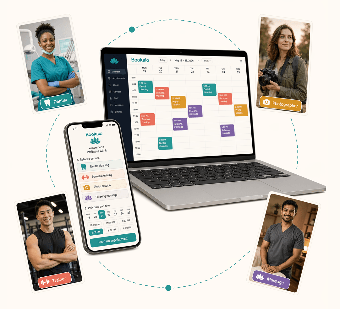 Bookalo: the booking page on a phone and the business calendar