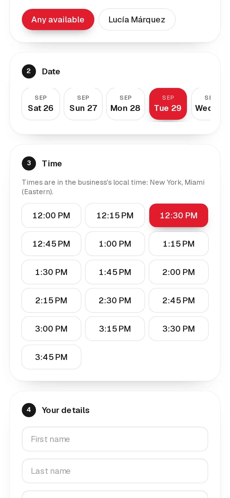 Booking from a phone: time slot selected