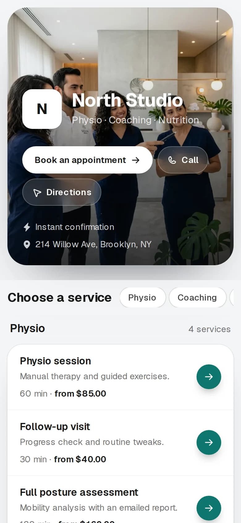 Public booking page on a phone